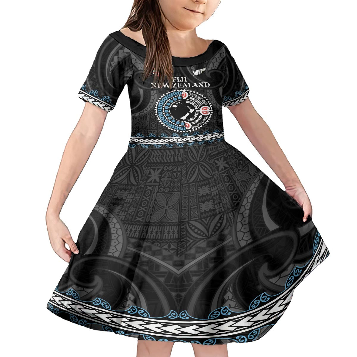Custom Fiji and New Zealand Family Matching Puletasi and Hawaiian Shirt Maori Fern Mix Tapa Tribal Unique LT9 Daughter's Dress Black - Polynesian Pride