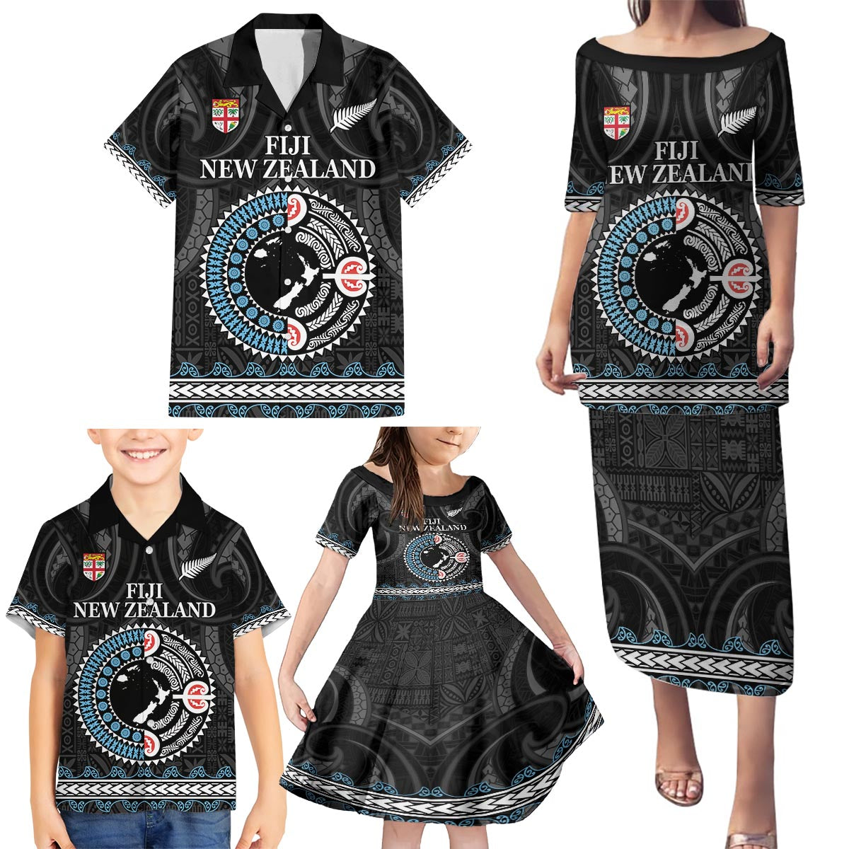 Custom Fiji and New Zealand Family Matching Puletasi and Hawaiian Shirt Maori Fern Mix Tapa Tribal Unique LT9 - Polynesian Pride