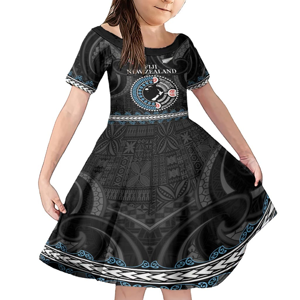 Custom Fiji and New Zealand Family Matching Short Sleeve Bodycon Dress and Hawaiian Shirt Maori Fern Mix Tapa Tribal Unique LT9 Daughter's Dress Black - Polynesian Pride