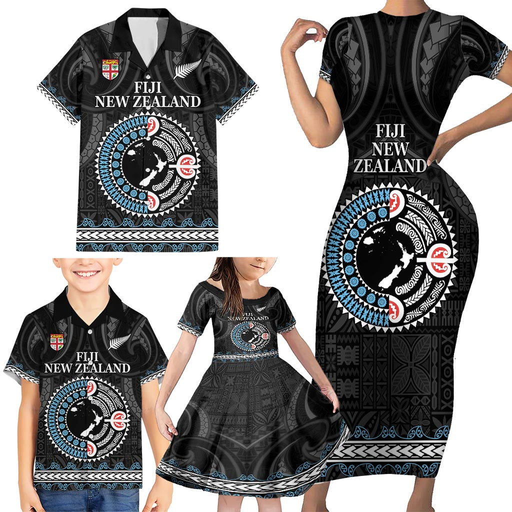 Custom Fiji and New Zealand Family Matching Short Sleeve Bodycon Dress and Hawaiian Shirt Maori Fern Mix Tapa Tribal Unique LT9 - Polynesian Pride