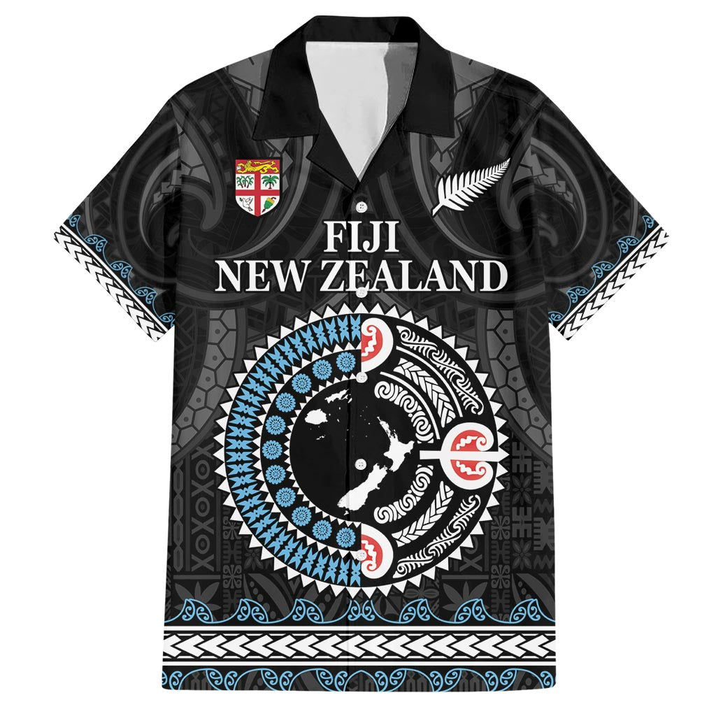 Custom Fiji and New Zealand Family Matching Short Sleeve Bodycon Dress and Hawaiian Shirt Maori Fern Mix Tapa Tribal Unique LT9 Dad's Shirt - Short Sleeve Black - Polynesian Pride