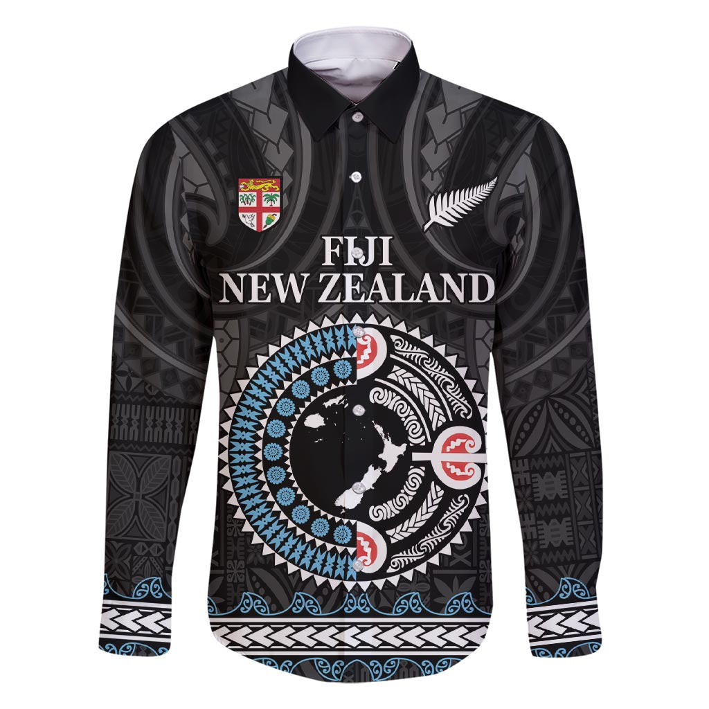 Custom Fiji and New Zealand Family Matching Short Sleeve Bodycon Dress and Hawaiian Shirt Maori Fern Mix Tapa Tribal Unique LT9 Dad's Shirt - Long Sleeve Black - Polynesian Pride