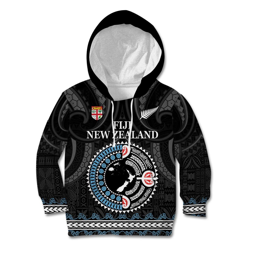 Custom Fiji and New Zealand Kid Hoodie Maori Fern Mix Tapa Tribal Unique LT9 Hoodie Black - Polynesian Pride
