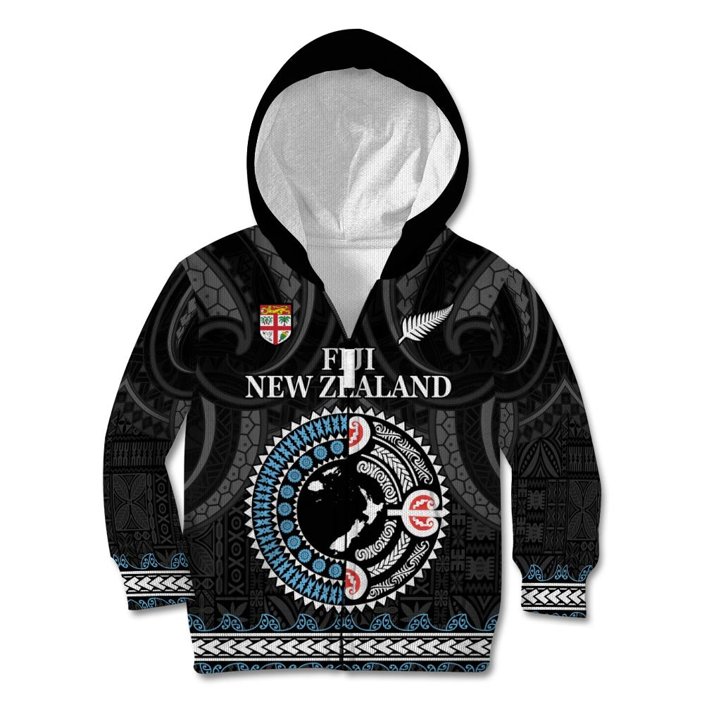 Custom Fiji and New Zealand Kid Hoodie Maori Fern Mix Tapa Tribal Unique LT9 Zip Hoodie Black - Polynesian Pride