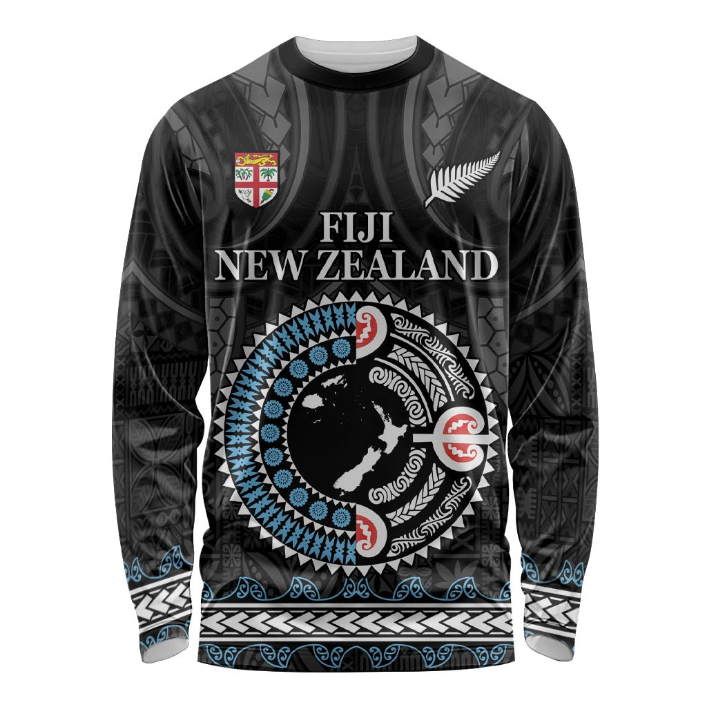 Custom Fiji and New Zealand Long Sleeve Shirt Maori Fern Mix Tapa Tribal Unique LT9 Unisex Black - Polynesian Pride