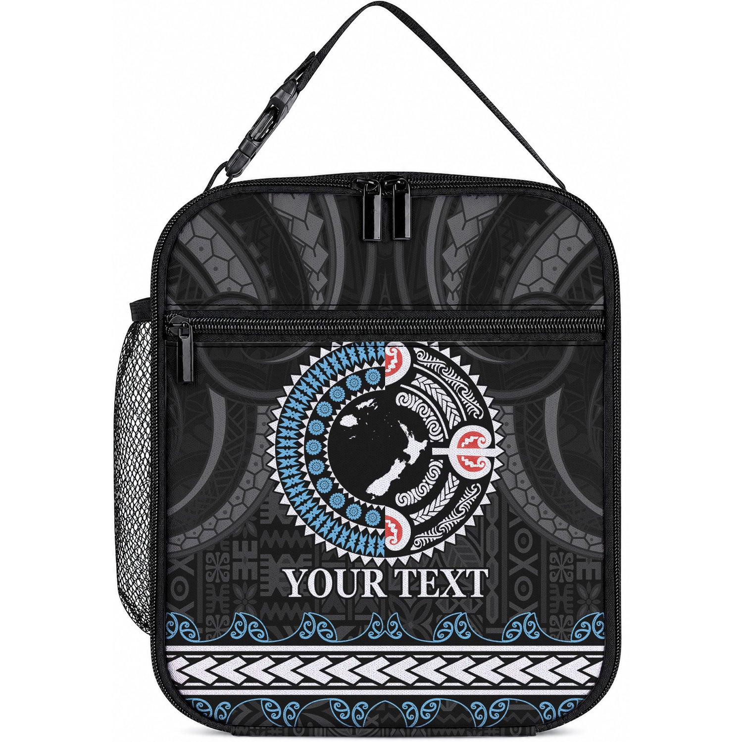 Custom Fiji and New Zealand Lunch Bag Maori Fern Mix Tapa Tribal Unique LT9 10.2 × 8.3 × 4.3 inch Black - Polynesian Pride