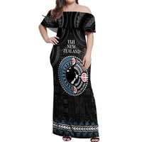 Custom Fiji and New Zealand Off Shoulder Maxi Dress Maori Fern Mix Tapa Tribal Unique LT9 Women Black - Polynesian Pride