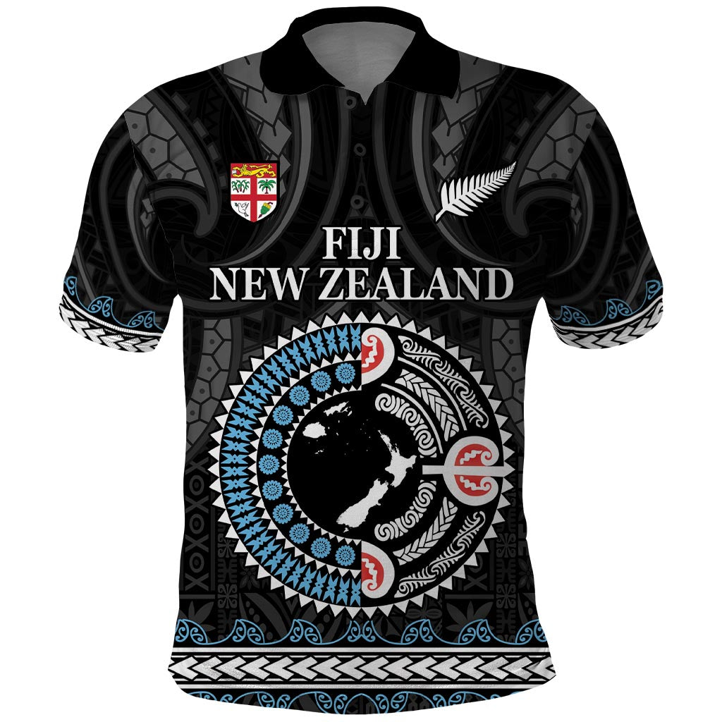 Custom Fiji and New Zealand Polo Shirt Maori Fern Mix Tapa Tribal Unique LT9 Black - Polynesian Pride
