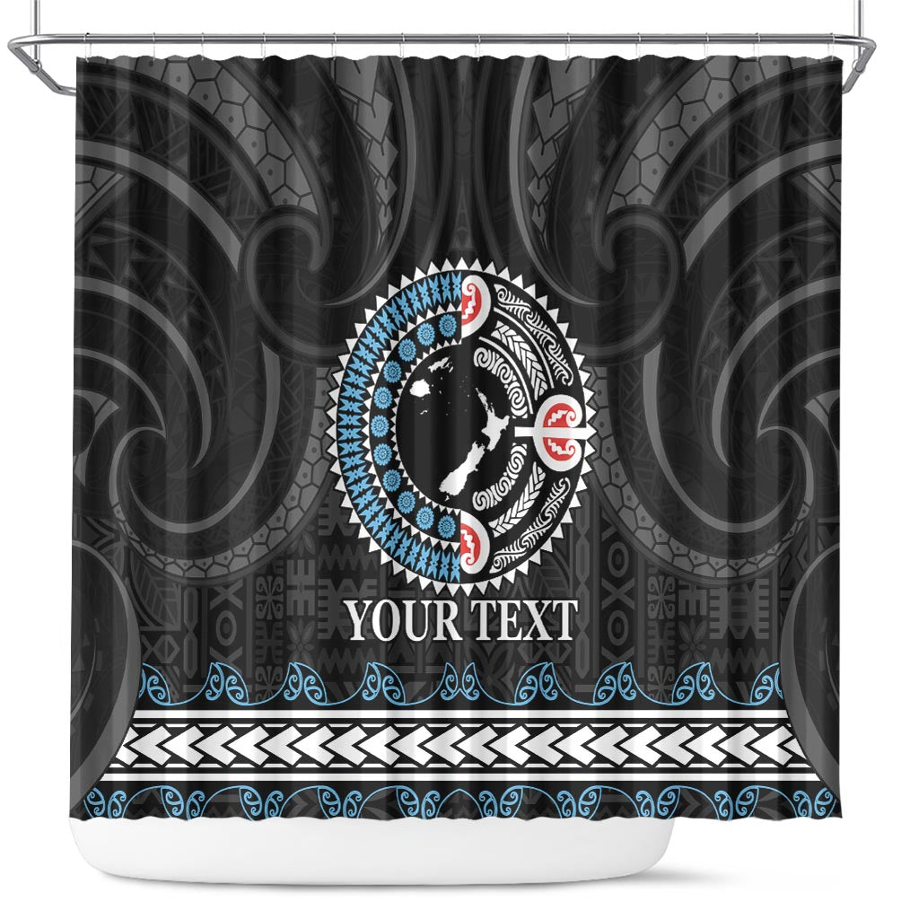 Custom Fiji and New Zealand Shower Curtain Maori Fern Mix Tapa Tribal Unique LT9 Black - Polynesian Pride