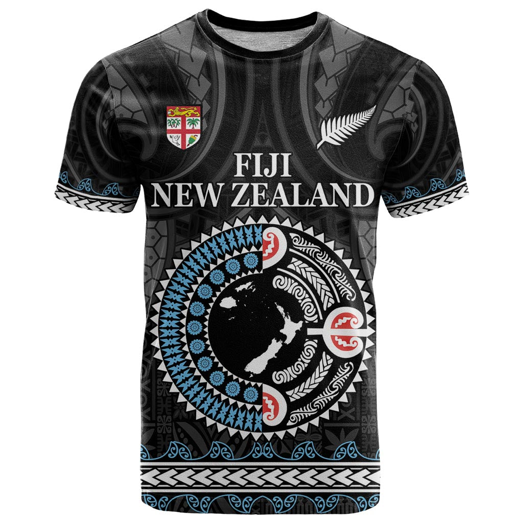 Custom Fiji and New Zealand T Shirt Maori Fern Mix Tapa Tribal Unique LT9 Black - Polynesian Pride