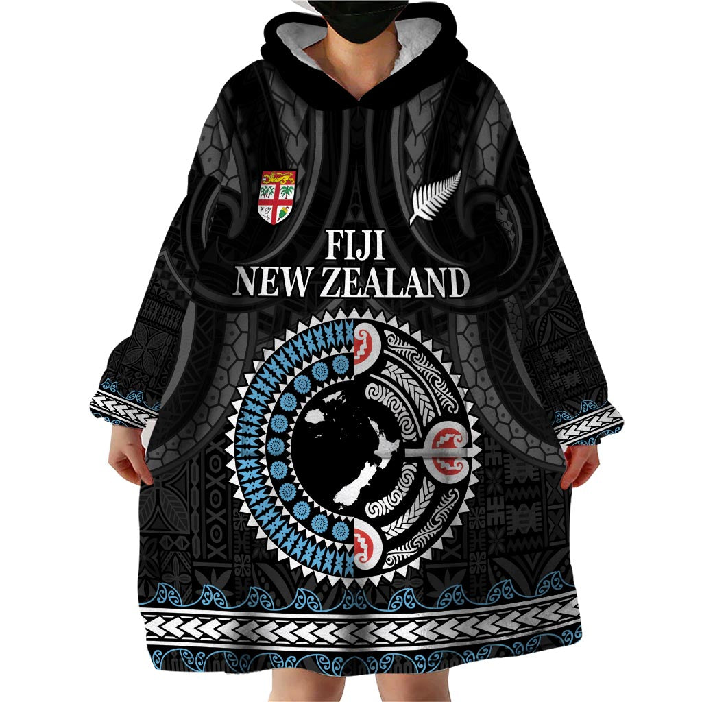 Custom Fiji and New Zealand Wearable Blanket Hoodie Maori Fern Mix Tapa Tribal Unique LT9 - Polynesian Pride