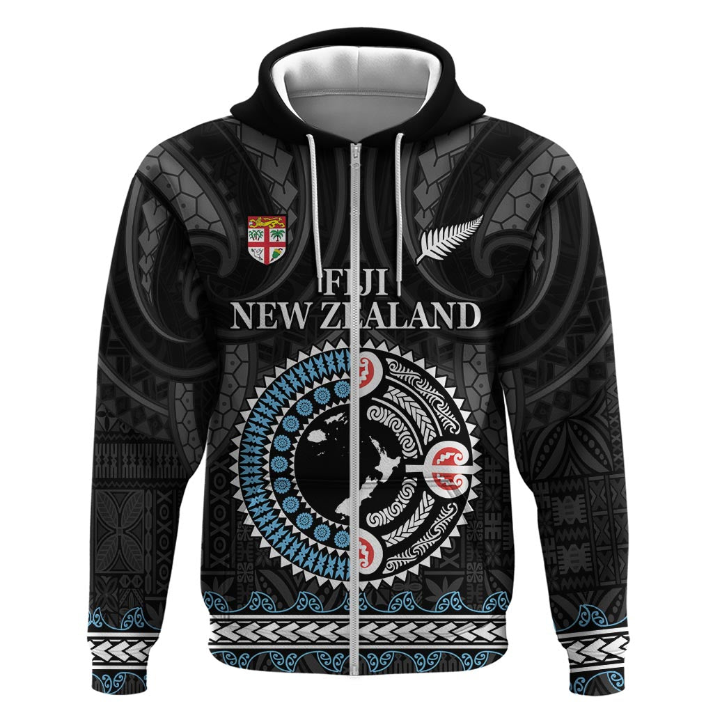 Custom Fiji and New Zealand Zip Hoodie Maori Fern Mix Tapa Tribal Unique LT9 Zip Hoodie Black - Polynesian Pride