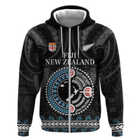 Custom Fiji and New Zealand Zip Hoodie Maori Fern Mix Tapa Tribal Unique LT9 Zip Hoodie Black - Polynesian Pride