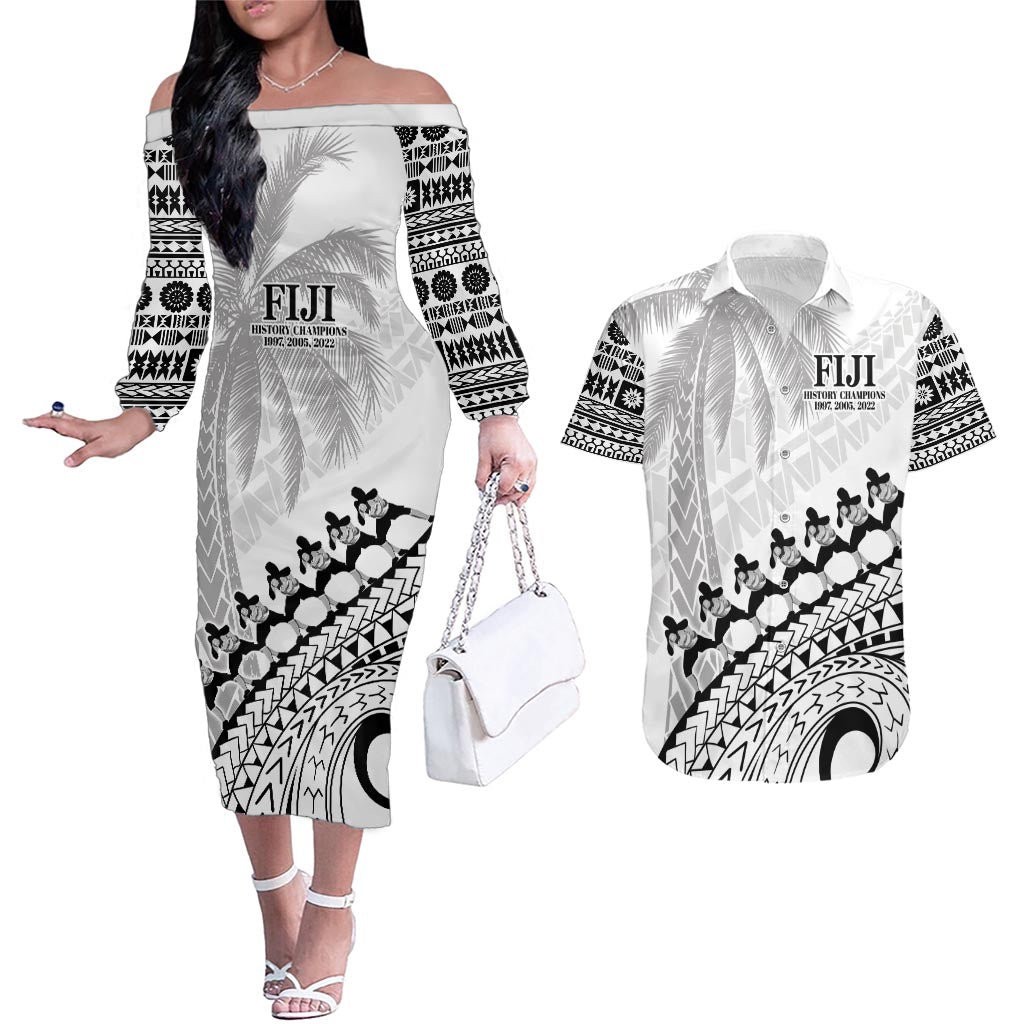 Custom Fiji Rugby Cibi Dance Couples Matching Off The Shoulder Long Sleeve Dress and Hawaiian Shirt Create History World Cup Sevens LT9 White - Polynesian Pride
