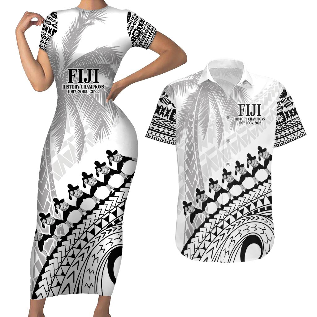 Custom Fiji Rugby Cibi Dance Couples Matching Short Sleeve Bodycon Dress and Hawaiian Shirt Create History World Cup Sevens LT9 White - Polynesian Pride