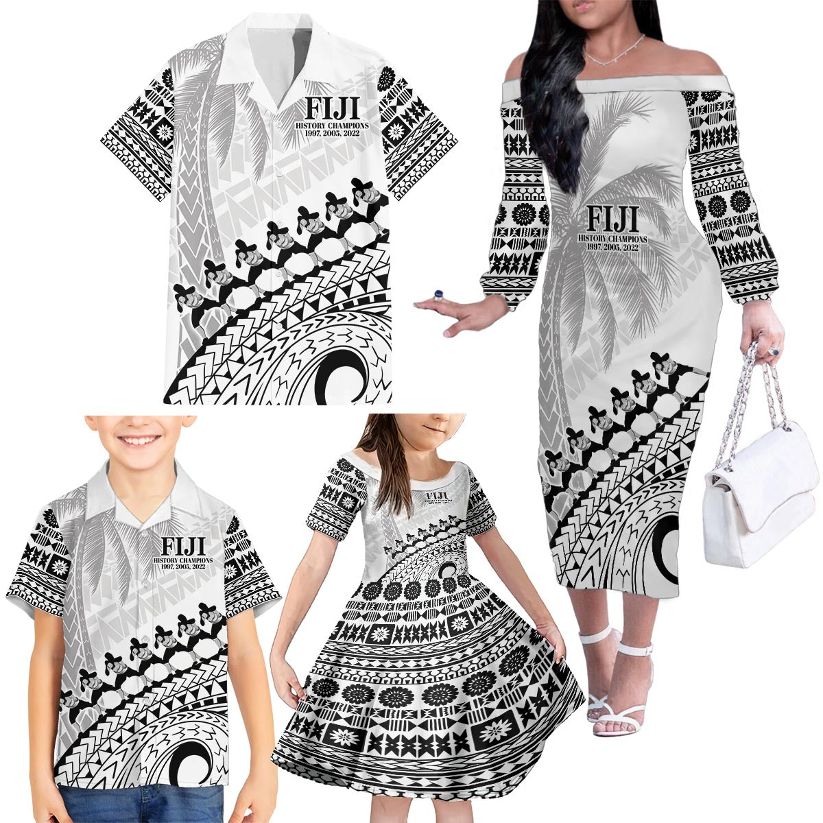 Custom Fiji Rugby Cibi Dance Family Matching Off The Shoulder Long Sleeve Dress and Hawaiian Shirt Create History World Cup Sevens LT9 - Polynesian Pride