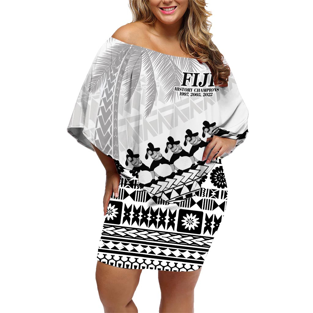 Custom Fiji Rugby Cibi Dance Family Matching Off Shoulder Short Dress and Hawaiian Shirt Create History World Cup Sevens LT9 Mom's Dress White - Polynesian Pride