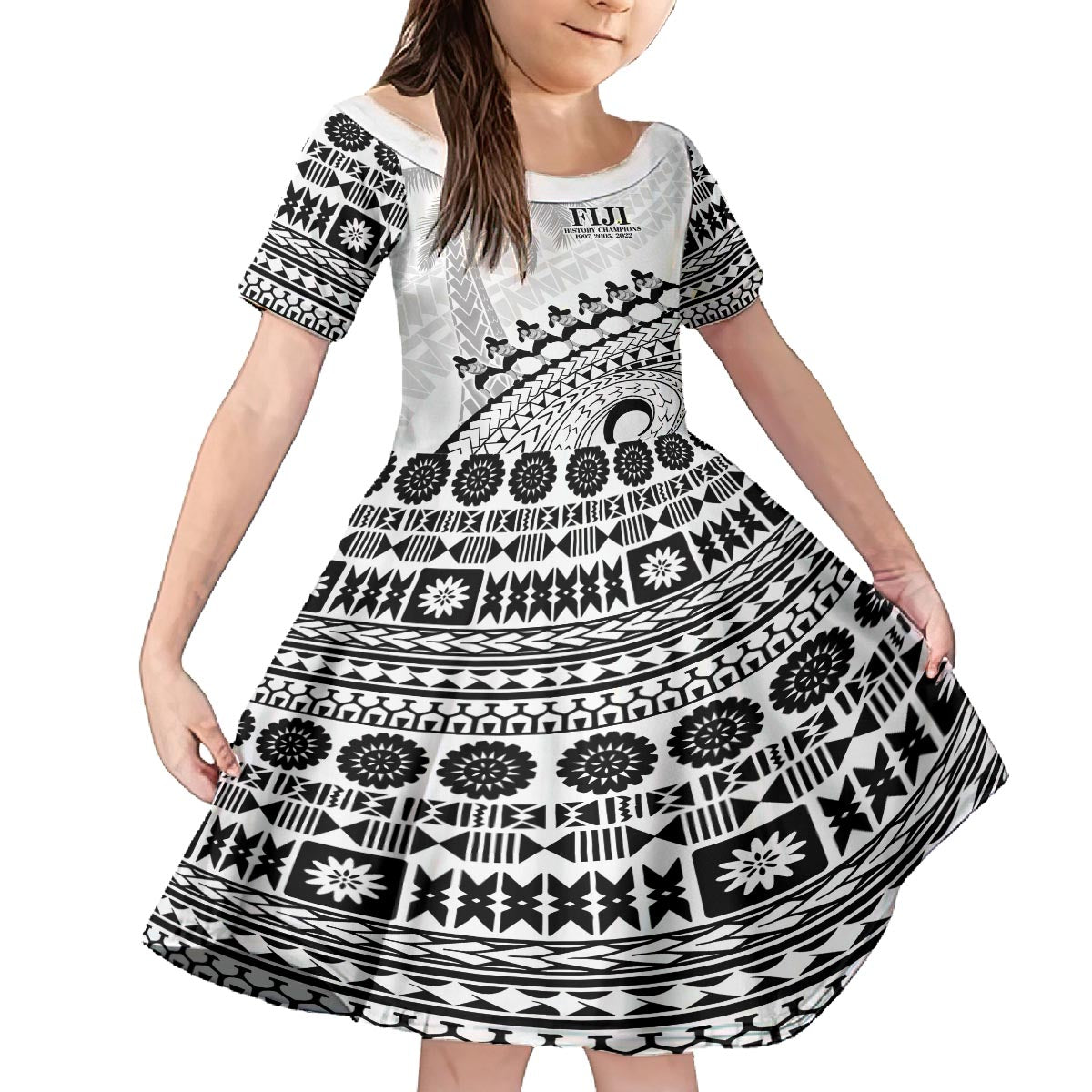 Custom Fiji Rugby Cibi Dance Family Matching Puletasi and Hawaiian Shirt Create History World Cup Sevens LT9 Daughter's Dress White - Polynesian Pride