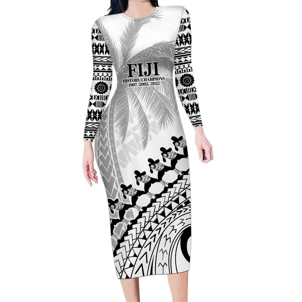 Custom Fiji Rugby Cibi Dance Long Sleeve Bodycon Dress Create History World Cup Sevens LT9 Long Dress White - Polynesian Pride