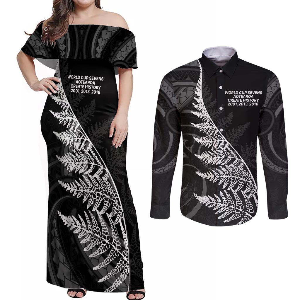 New Zealand Black Fern 7s Couples Matching Off Shoulder Maxi Dress and Long Sleeve Button Shirt History World Cup Sevens LT9 Black - Polynesian Pride