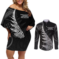 New Zealand Black Fern 7s Couples Matching Off Shoulder Short Dress and Long Sleeve Button Shirt History World Cup Sevens LT9 Black - Polynesian Pride