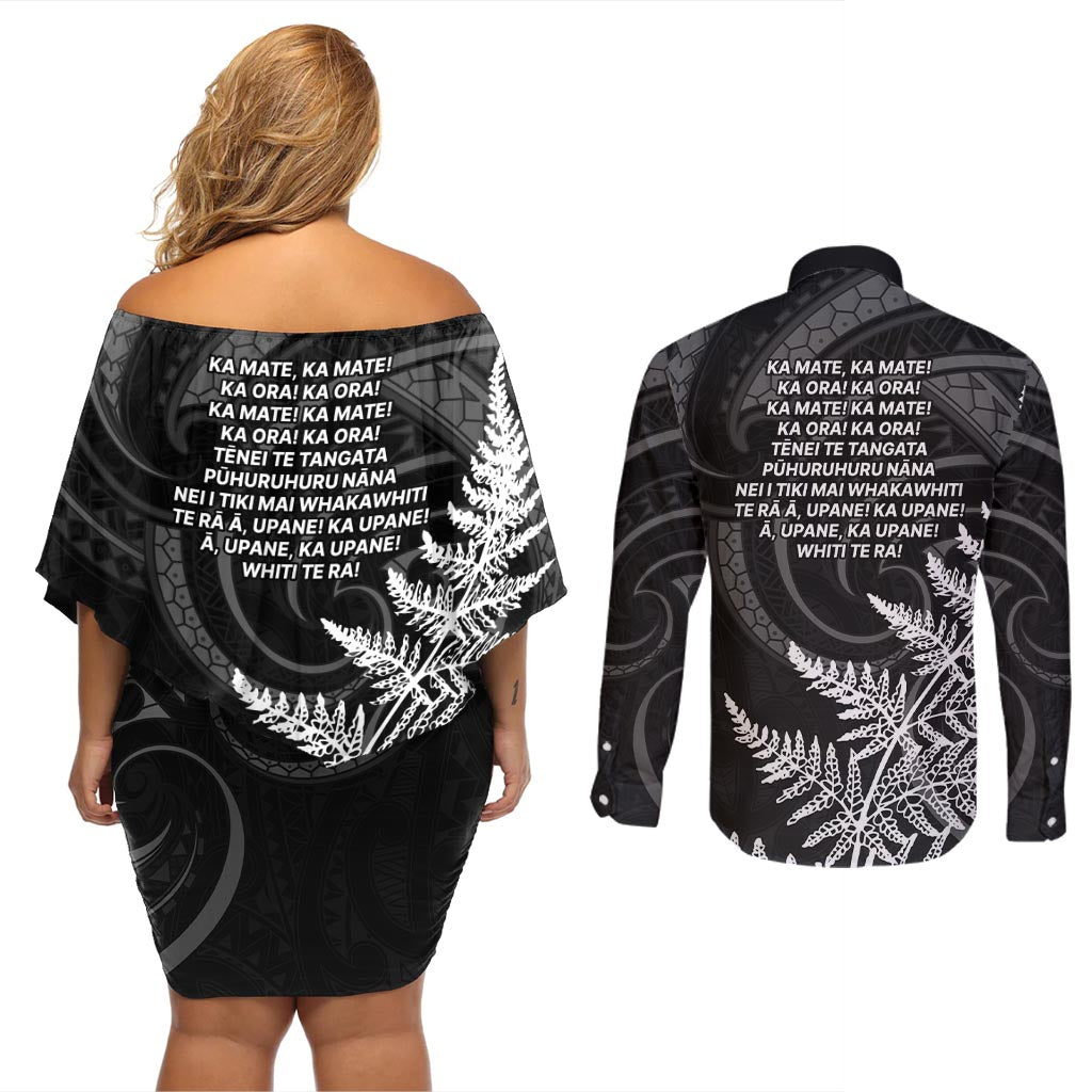 New Zealand Black Fern 7s Couples Matching Off Shoulder Short Dress and Long Sleeve Button Shirt History World Cup Sevens LT9 - Polynesian Pride