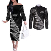 New Zealand Black Fern 7s Couples Matching Off The Shoulder Long Sleeve Dress and Long Sleeve Button Shirt History World Cup Sevens LT9 Black - Polynesian Pride