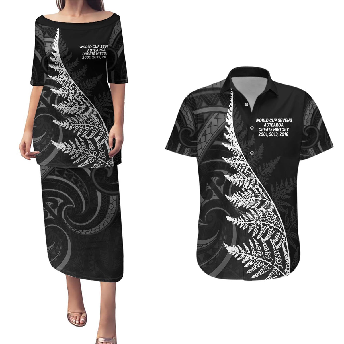 New Zealand Black Fern 7s Couples Matching Puletasi and Hawaiian Shirt History World Cup Sevens LT9 Black - Polynesian Pride