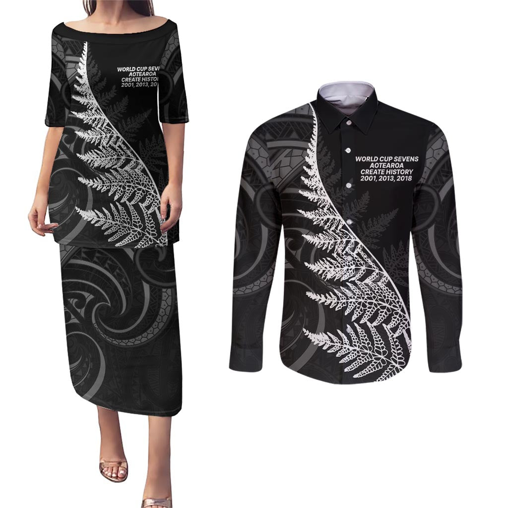 New Zealand Black Fern 7s Couples Matching Puletasi and Long Sleeve Button Shirt History World Cup Sevens LT9 Black - Polynesian Pride