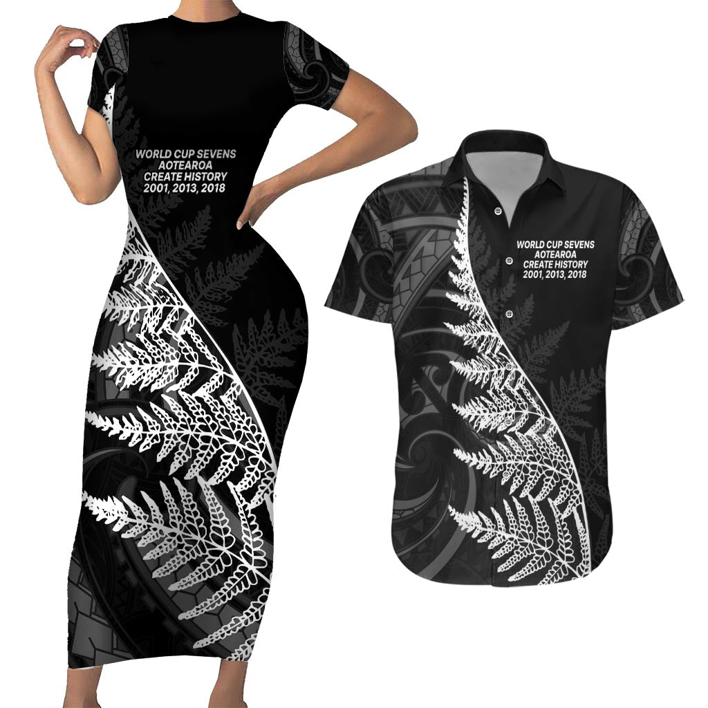 New Zealand Black Fern 7s Couples Matching Short Sleeve Bodycon Dress and Hawaiian Shirt History World Cup Sevens LT9 Black - Polynesian Pride