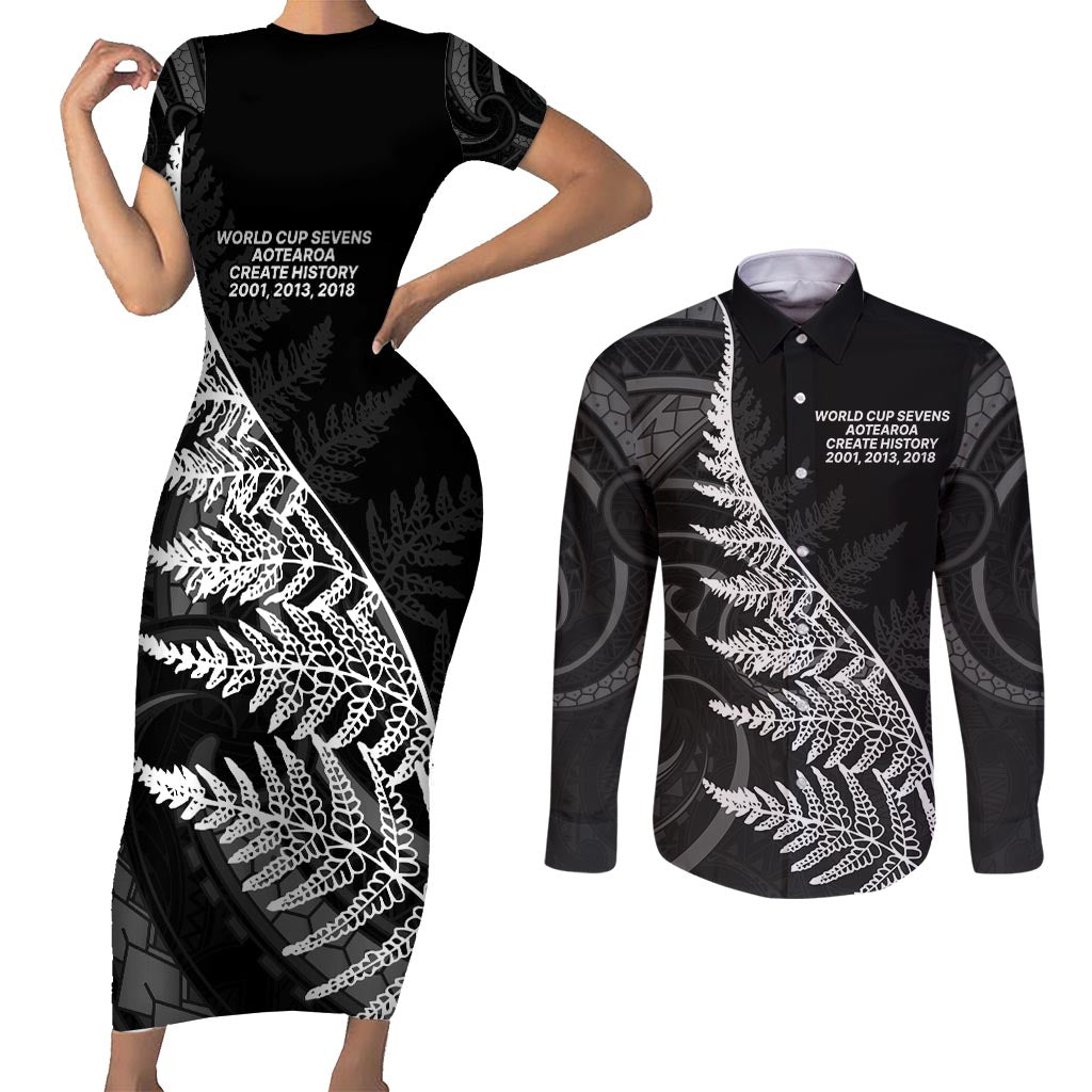 New Zealand Black Fern 7s Couples Matching Short Sleeve Bodycon Dress and Long Sleeve Button Shirt History World Cup Sevens LT9 Black - Polynesian Pride