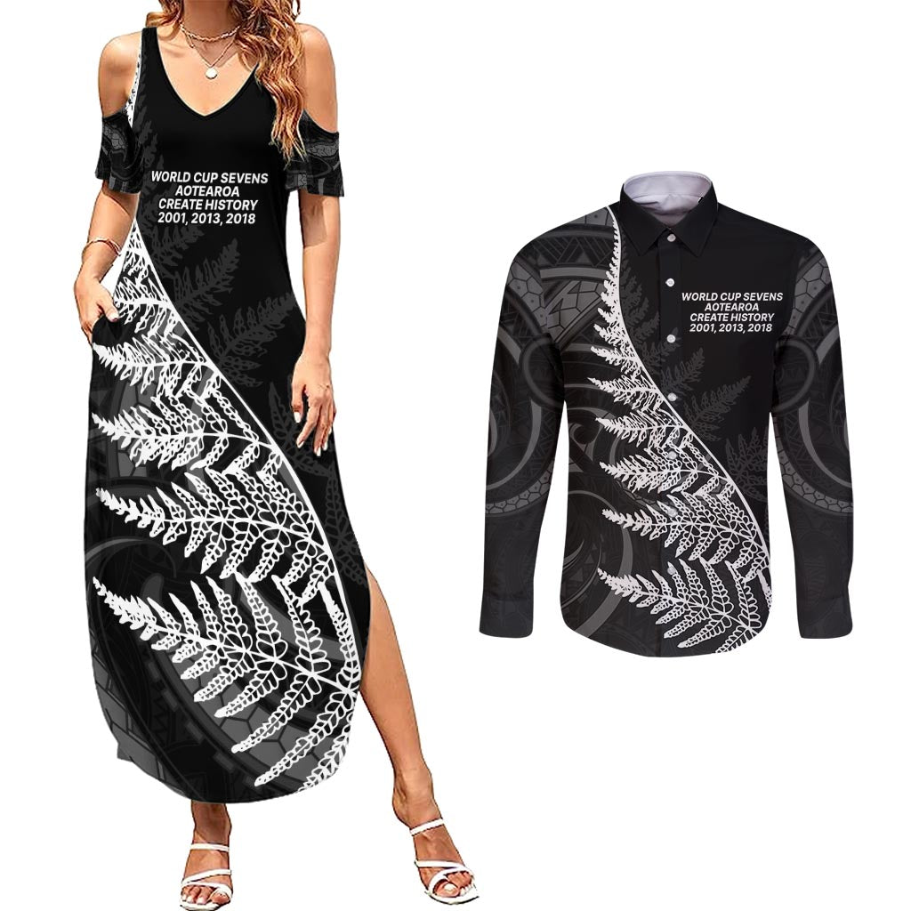New Zealand Black Fern 7s Couples Matching Summer Maxi Dress and Long Sleeve Button Shirt History World Cup Sevens LT9 Black - Polynesian Pride