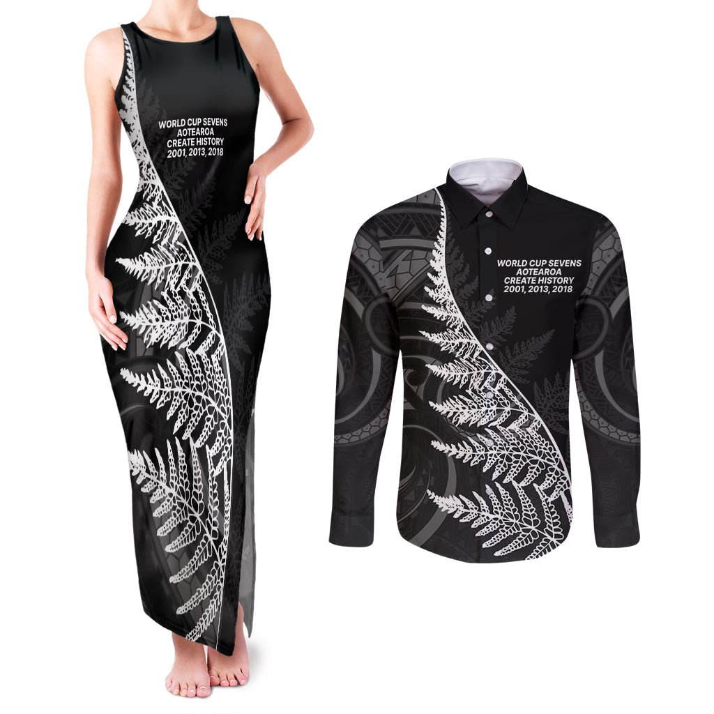 New Zealand Black Fern 7s Couples Matching Tank Maxi Dress and Long Sleeve Button Shirt History World Cup Sevens LT9 Black - Polynesian Pride
