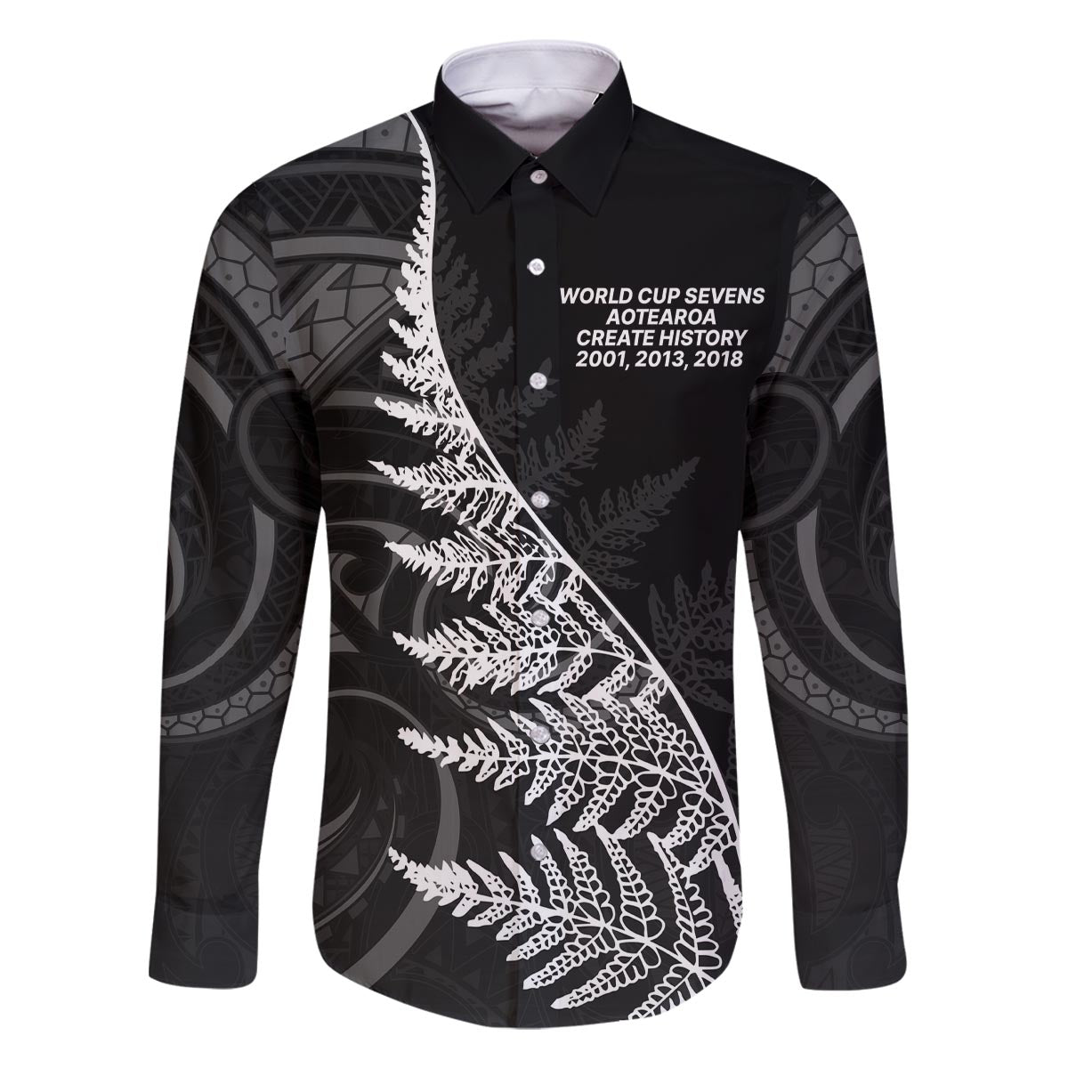 New Zealand Black Fern 7s Family Matching Off The Shoulder Long Sleeve Dress and Hawaiian Shirt History World Cup Sevens LT9 Dad's Shirt - Long Sleeve Black - Polynesian Pride