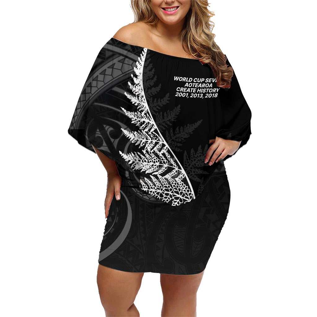 New Zealand Black Fern 7s Family Matching Off Shoulder Short Dress and Hawaiian Shirt History World Cup Sevens LT9 Mom's Dress Black - Polynesian Pride