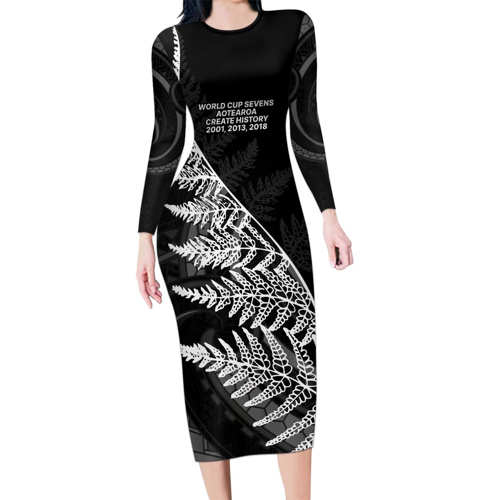 New Zealand Black Fern 7s Long Sleeve Bodycon Dress History World Cup Sevens LT9 Long Dress Black - Polynesian Pride