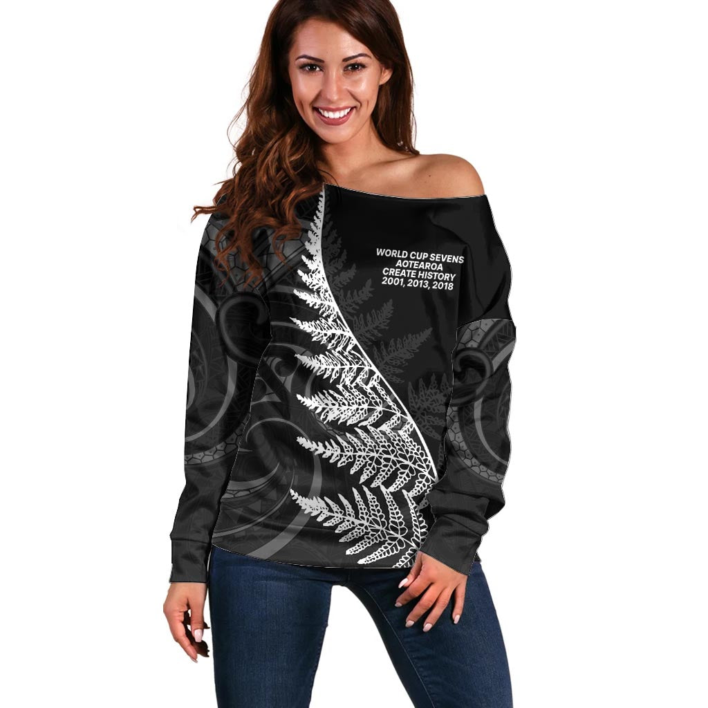 New Zealand Black Fern 7s Off Shoulder Sweater History World Cup Sevens LT9 Women Black - Polynesian Pride
