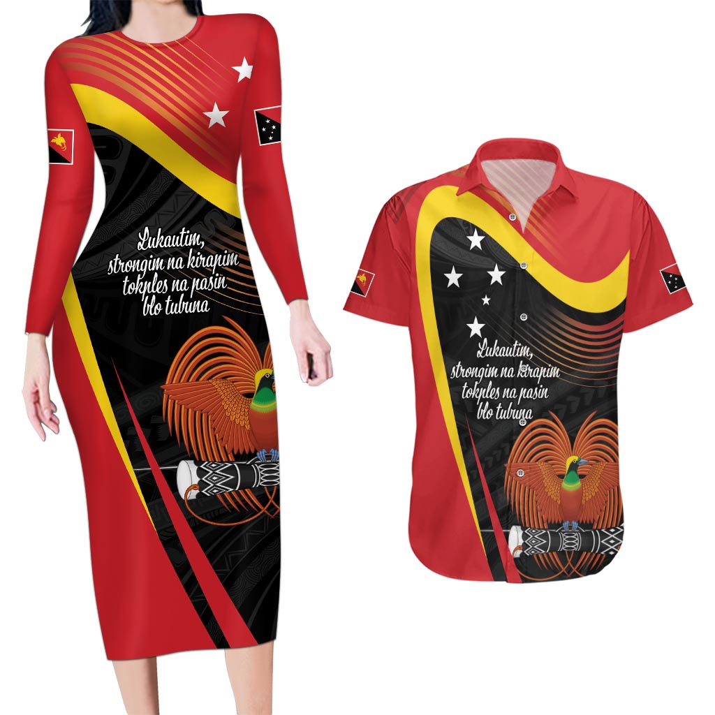 Personalised Papua Niugini Tok Pisin Wik Couples Matching Long Sleeve Bodycon Dress and Hawaiian Shirt LT9 Red - Polynesian Pride