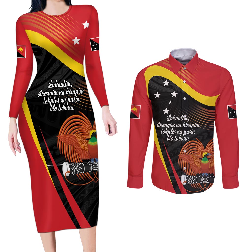 Personalised Papua Niugini Tok Pisin Wik Couples Matching Long Sleeve Bodycon Dress and Long Sleeve Button Shirt LT9 Red - Polynesian Pride