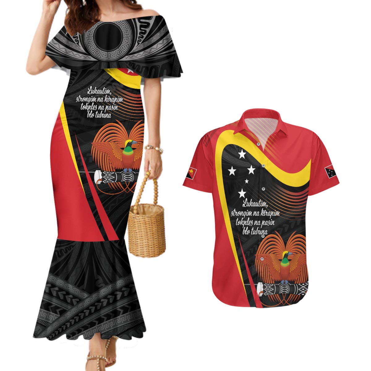 Personalised Papua Niugini Tok Pisin Wik Couples Matching Mermaid Dress and Hawaiian Shirt LT9 Red - Polynesian Pride