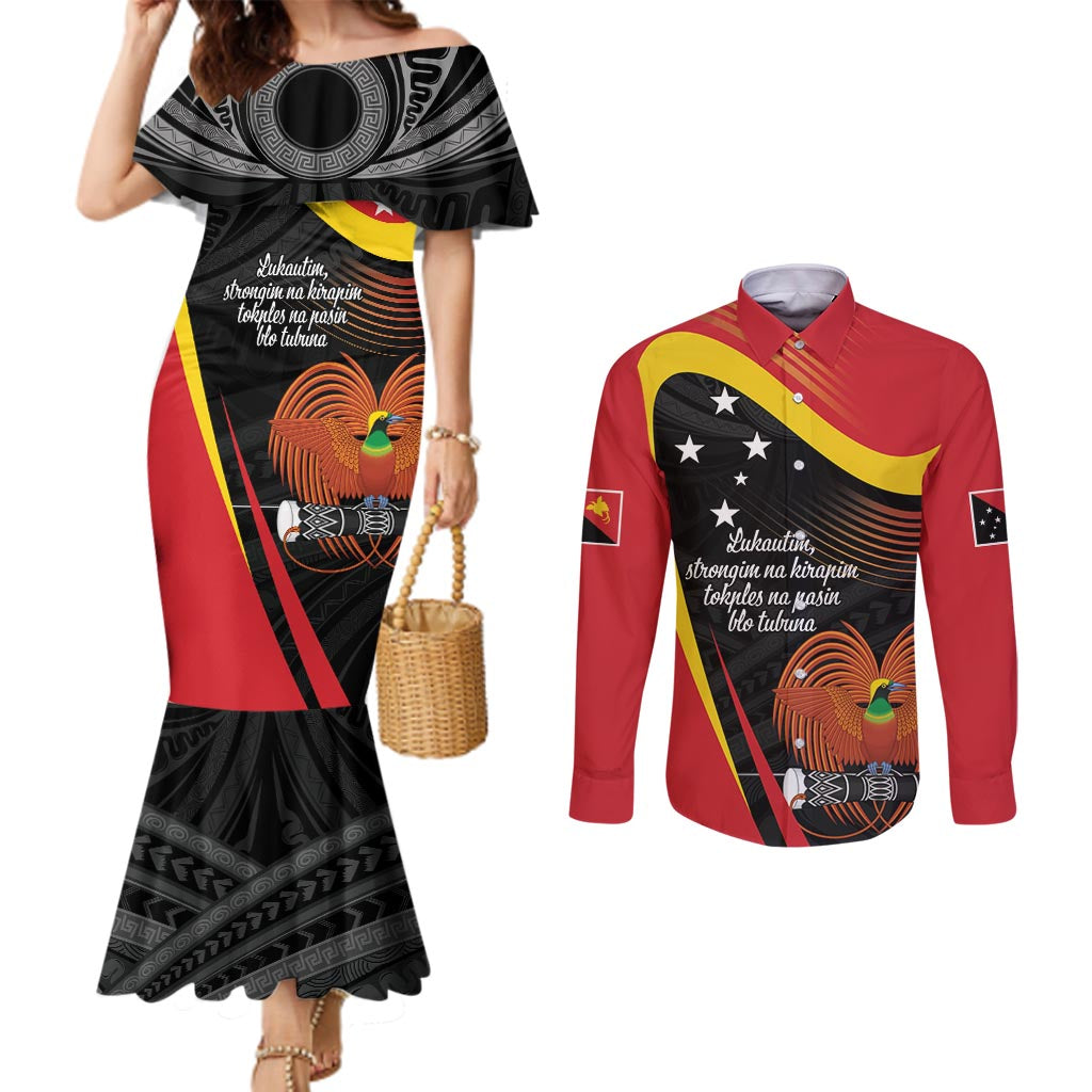 Personalised Papua Niugini Tok Pisin Wik Couples Matching Mermaid Dress and Long Sleeve Button Shirt LT9 Red - Polynesian Pride