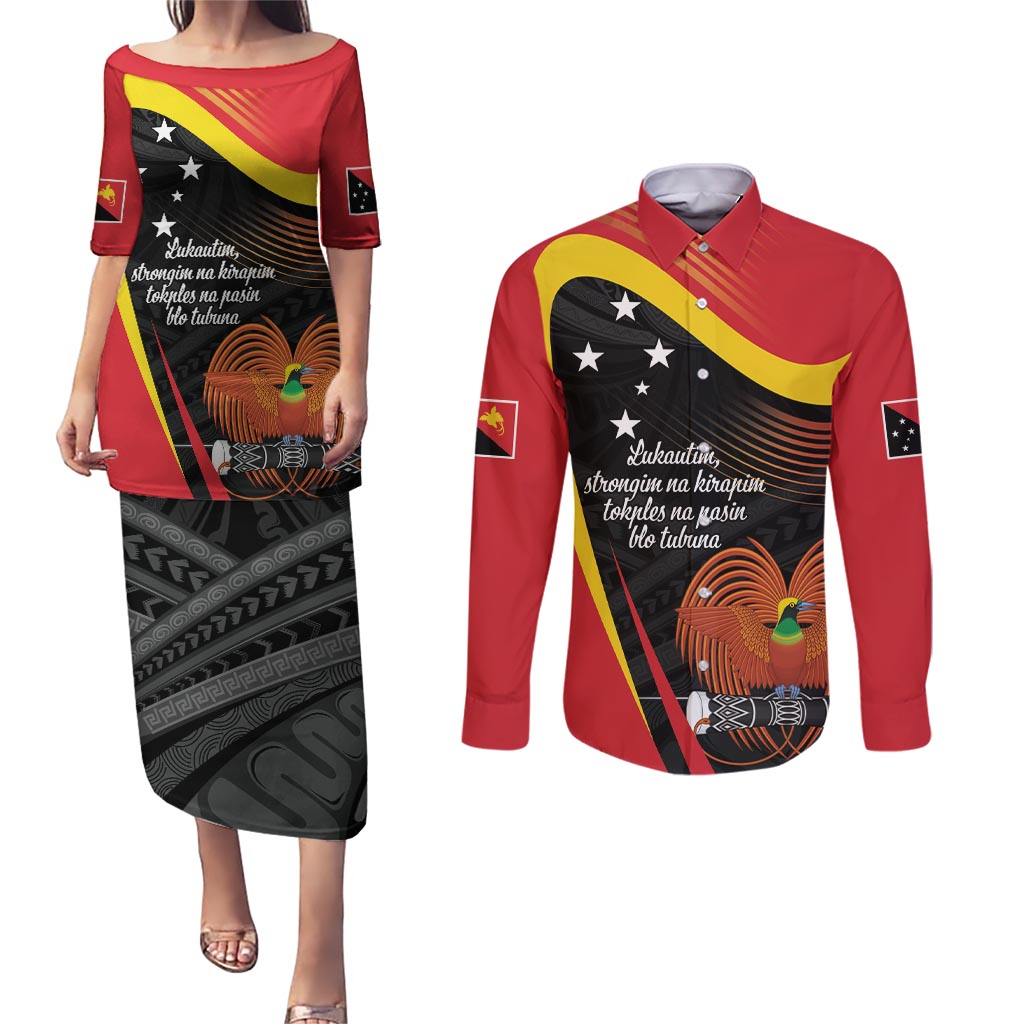 Personalised Papua Niugini Tok Pisin Wik Couples Matching Puletasi and Long Sleeve Button Shirt LT9 Red - Polynesian Pride
