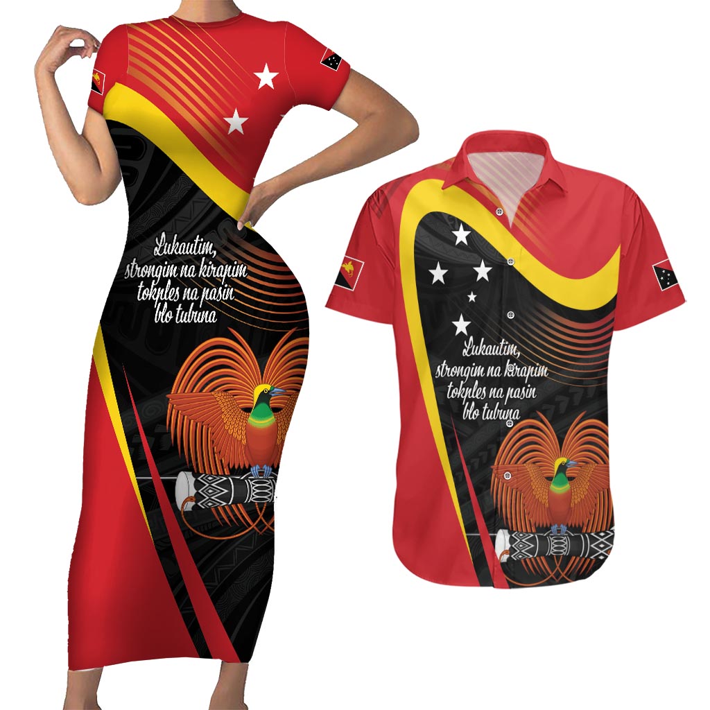 Personalised Papua Niugini Tok Pisin Wik Couples Matching Short Sleeve Bodycon Dress and Hawaiian Shirt LT9 Red - Polynesian Pride