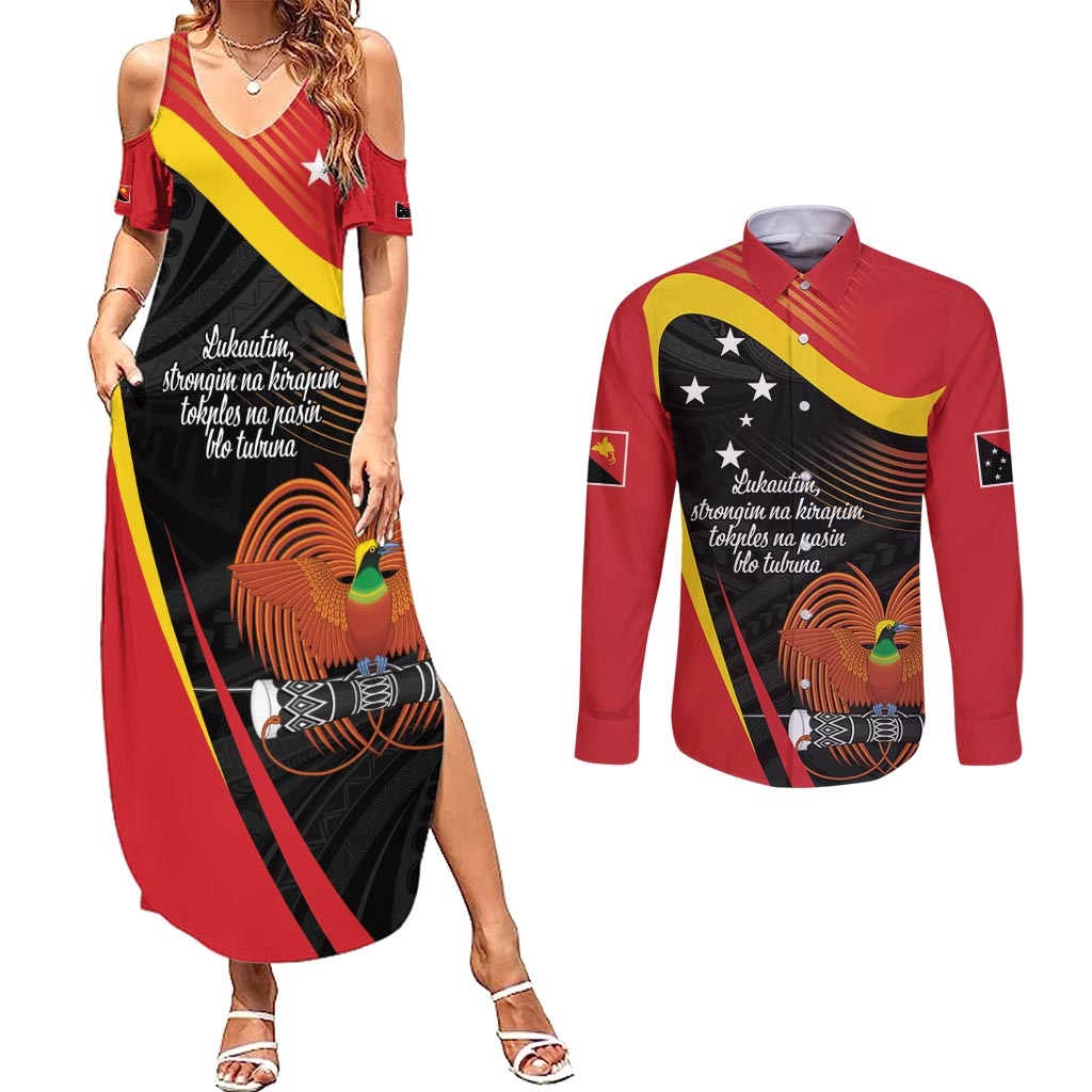 Personalised Papua Niugini Tok Pisin Wik Couples Matching Summer Maxi Dress and Long Sleeve Button Shirt LT9 Red - Polynesian Pride