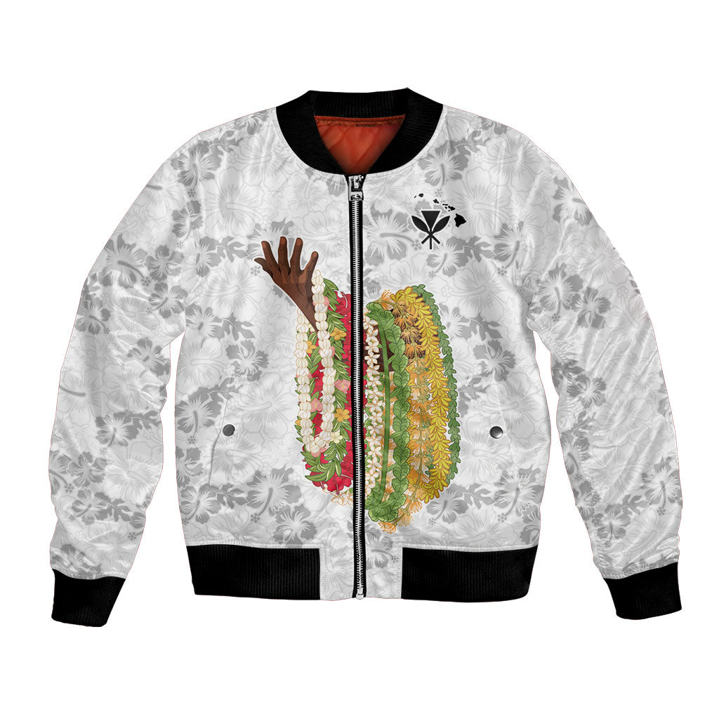 Hawaii Lei Kamehameha Bomber Jacket Ke'oke'o Seamless Pattern Hibiscus Flower