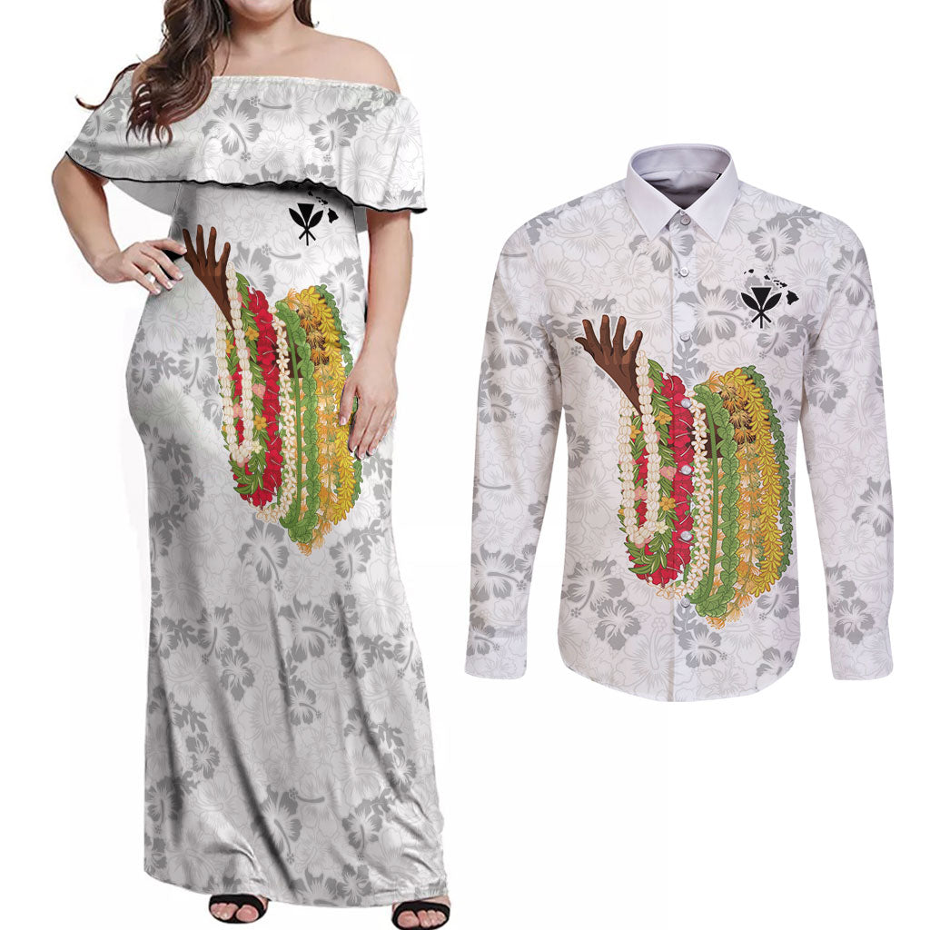 Hawaii Lei Kamehameha Couples Matching Off Shoulder Maxi Dress and Long Sleeve Button Shirt Ke'oke'o Seamless Pattern Hibiscus Flower LT9 White - Polynesian Pride