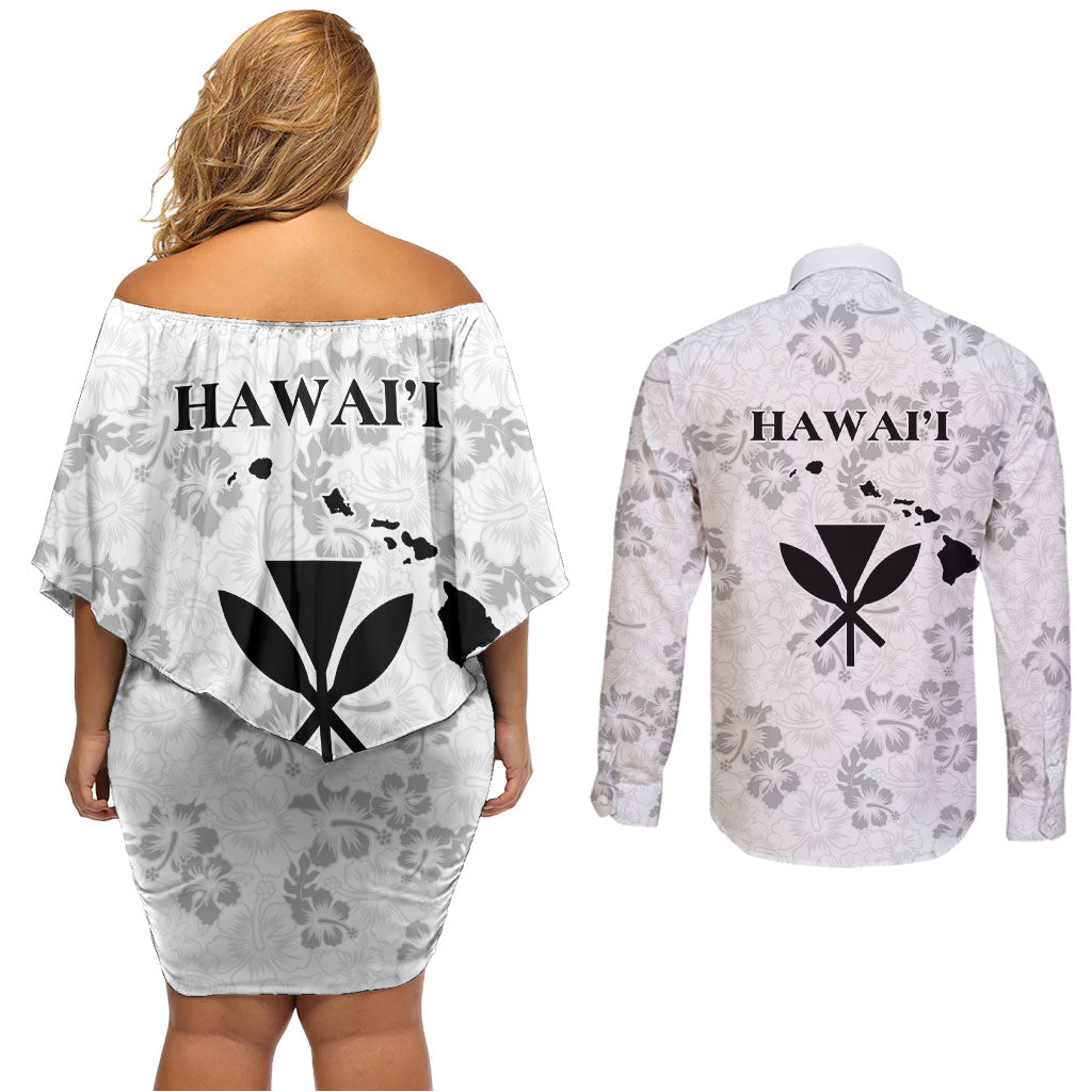 Hawaii Lei Kamehameha Couples Matching Off Shoulder Short Dress and Long Sleeve Button Shirt Ke'oke'o Seamless Pattern Hibiscus Flower LT9 - Polynesian Pride