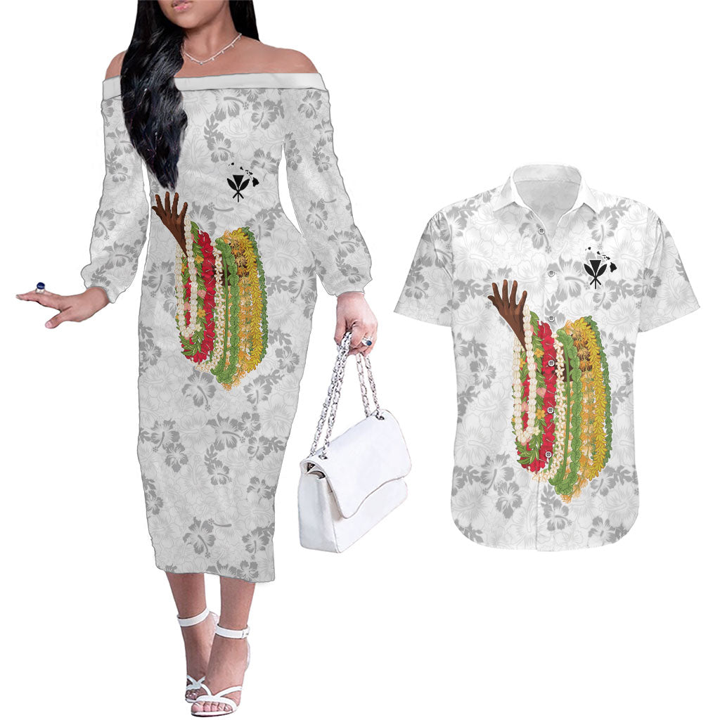 Hawaii Lei Kamehameha Couples Matching Off The Shoulder Long Sleeve Dress and Hawaiian Shirt Ke'oke'o Seamless Pattern Hibiscus Flower