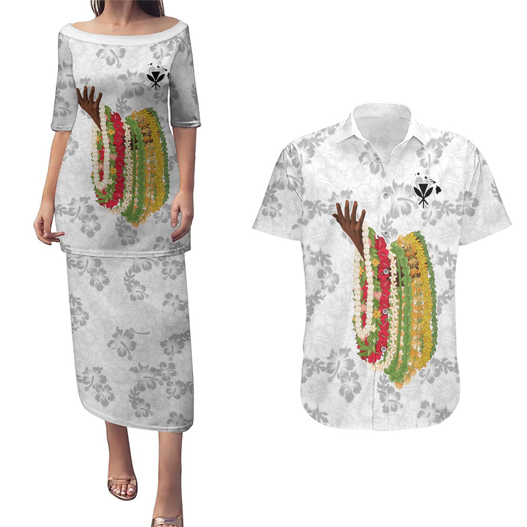 Hawaii Lei Kamehameha Couples Matching Puletasi and Hawaiian Shirt Ke'oke'o Seamless Pattern Hibiscus Flower LT9 White - Polynesian Pride