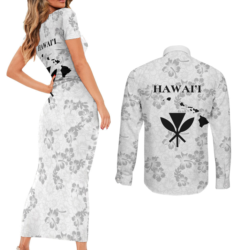 Hawaii Lei Kamehameha Couples Matching Short Sleeve Bodycon Dress and Long Sleeve Button Shirt Ke'oke'o Seamless Pattern Hibiscus Flower LT9 - Polynesian Pride